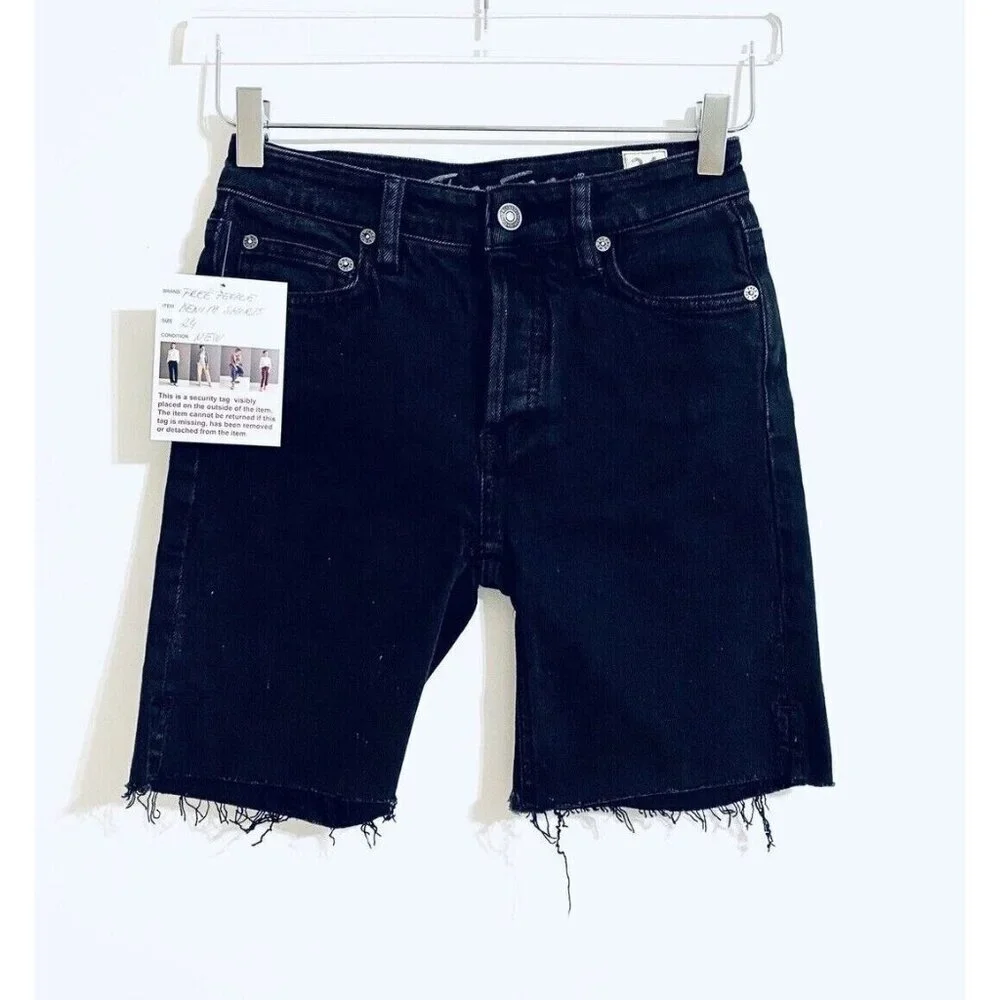 Free People Avery Denim Bermuda Frayed Hem Shorts Ash Black SZ 24 New